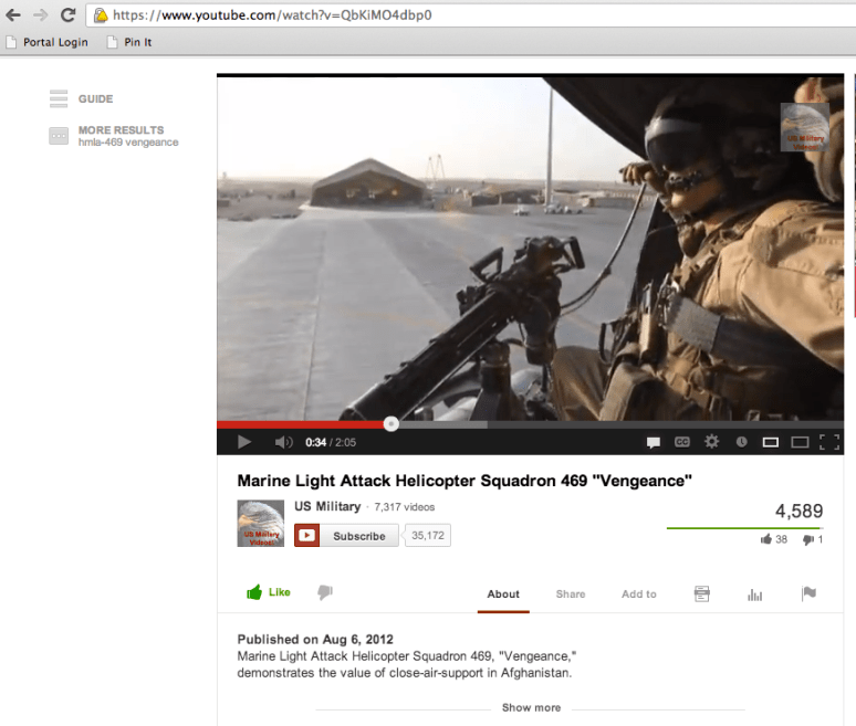 HMLA-469 Vengeance video with 4,000+ views on independent YouTube channel.